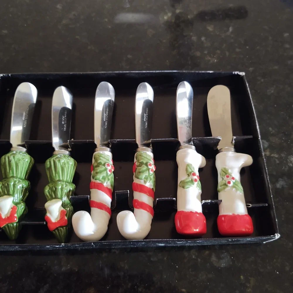 Vintage 1950s 60s Set of Novelty Christmas Theme Butter Spread Knives - Made in